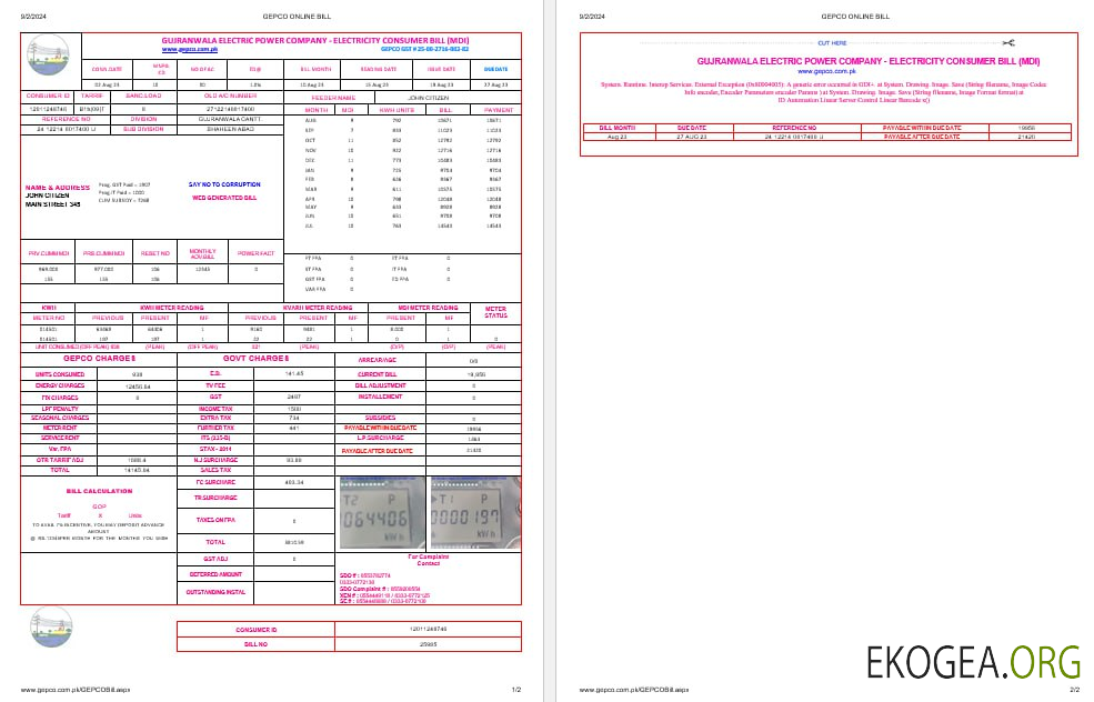 Pakistan Gujanwala electric power company electricity utility bil Word and PDF formats, 2 pages